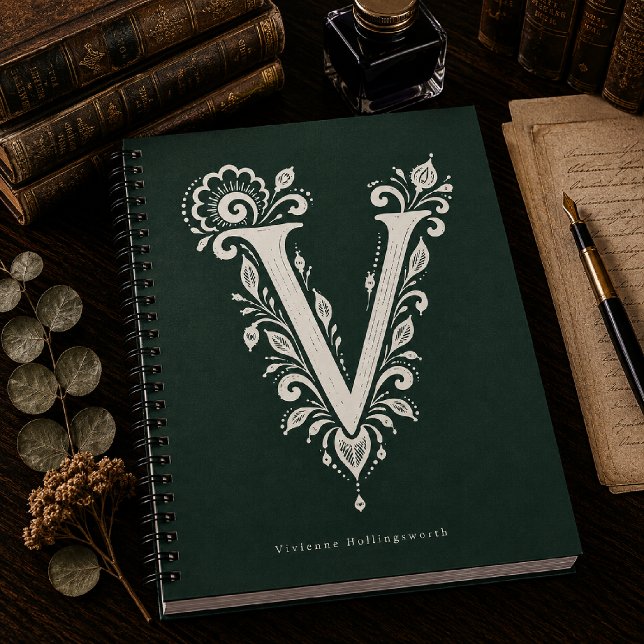 Letter V Linocut Botanical Monogram Notebook (Creator Uploaded)