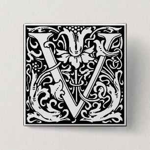 Letter V Mediaeval Monogram Art Nouveau 15 Cm Square Badge
