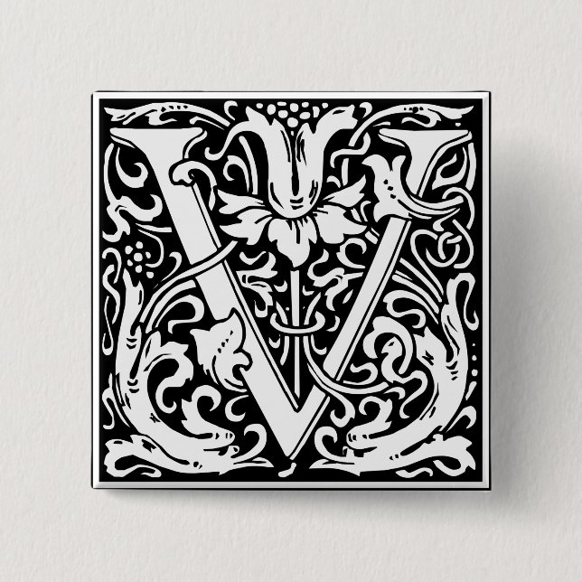 Letter V Mediaeval Monogram Art Nouveau 15 Cm Square Badge (Front)