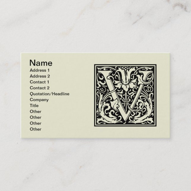 Letter V Mediaeval Monogram Art Nouveau Business Card (Front)