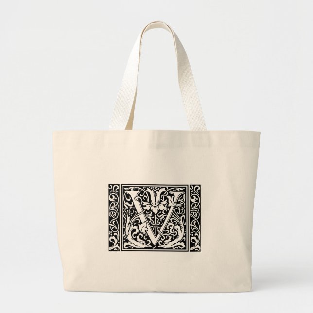 Letter V Mediaeval Monogram Art Nouveau Large Tote Bag (Front)