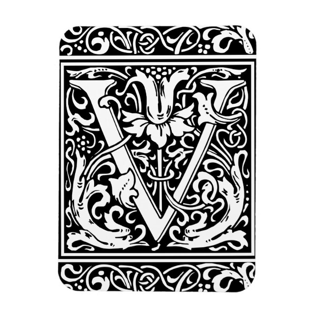 Letter V Mediaeval Monogram Art Nouveau Magnet (Vertical)