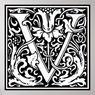 Letter V Mediaeval Monogram Art Nouveau Poster