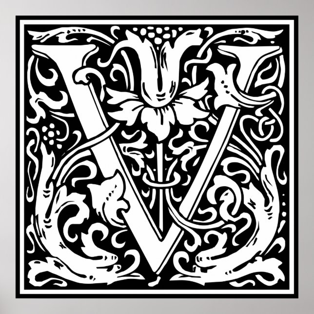 Letter V Mediaeval Monogram Art Nouveau Poster (Front)