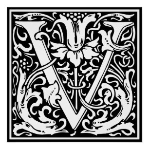 Letter V Mediaeval Monogram Art Nouveau Poster