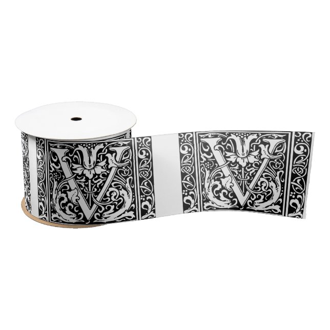 Letter V Mediaeval Monogram Art Nouveau Satin Ribbon (Spool)