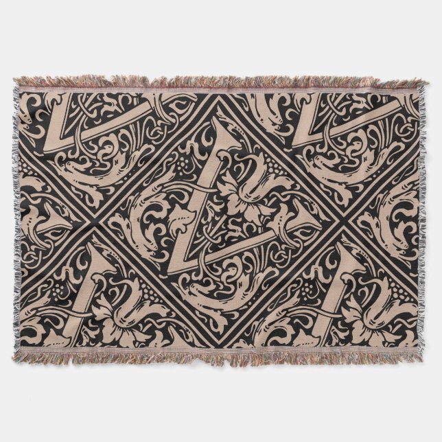 Letter V Mediaeval Monogram Art Nouveau Throw Blanket (Front)