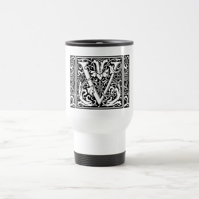 Letter V Mediaeval Monogram Art Nouveau Travel Mug (Center)