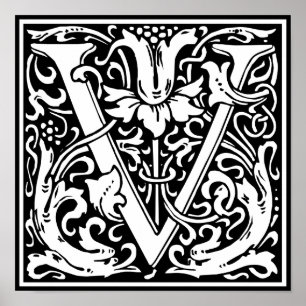 Letter V Mediaeval Monogram Vintage Initial Poster
