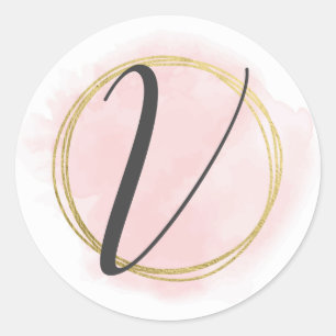Letter V Monogram Blush Pink Watercolor Gold Chic Classic Round Sticker