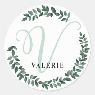 Letter V Monogram Custom Name Minimalist Botanical Classic Round Sticker