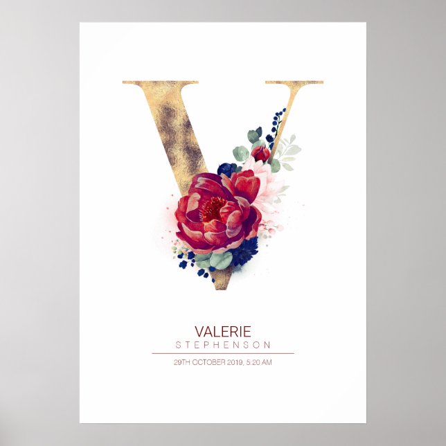 Letter V Monogram Floral Navy Blue and Burgundy Poster (Front)