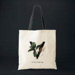Letter V Monogram | Tropical Leaves Bridesmaid Tote Bag<br><div class="desc">Customizable letter V monogram tote bag featuring watercolor tropical leaves,  faux gold foil leaf and black watercolor brush accents. Personalize this tropical monogram tote bag by adding your name or other details. This boho letter V monogram bag will be perfect as a gift. Other letters are available.</div>