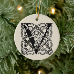 Letter V Monogram Vintage Celtic Knot Print Ceramic Tree Decoration