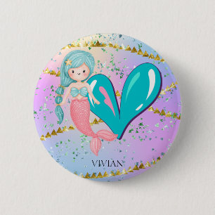 Letter V Monogram Watercolor Cute Mermaid Nursery 6 Cm Round Badge