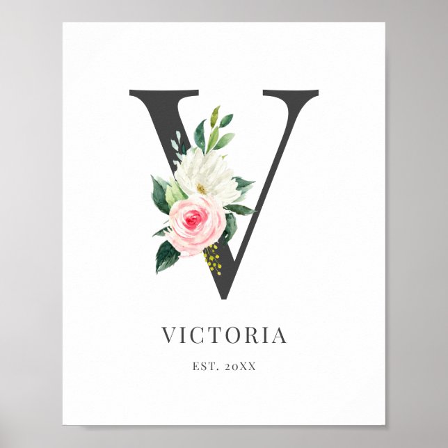 Letter V Monogram Watercolor Florals Poster (Front)