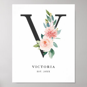 Letter V Monogram Watercolor Peach Florals Nursery Poster