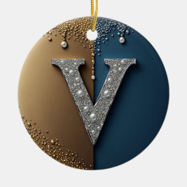Letter V Monogram With Diamonds Pearls Ceramic Tree Decoration (Front)