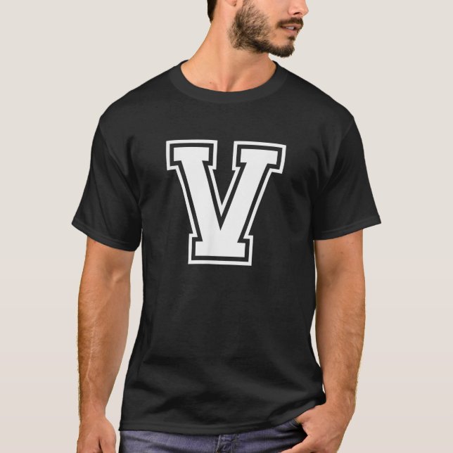 Letter V Name Initial Varsity Alphabet Monogram T-Shirt (Front)