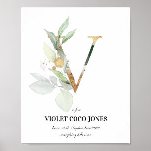 Letter V New Baby Monogram Birth Print Greenery