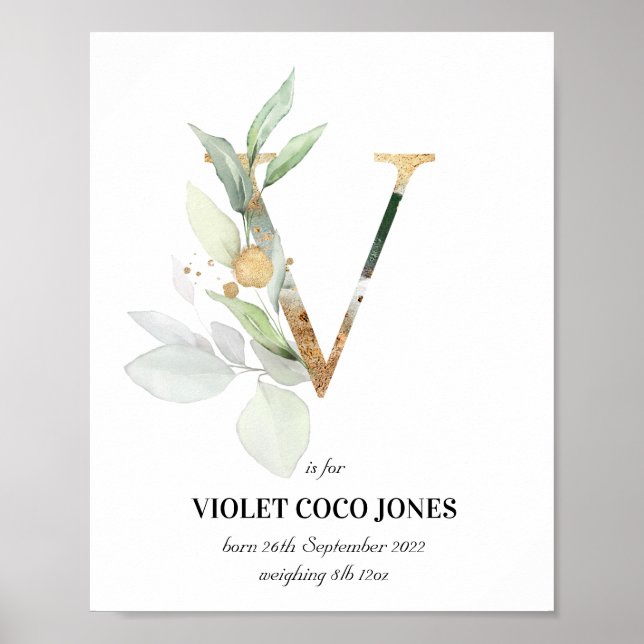 Letter V New Baby Monogram Birth Print Greenery (Front)