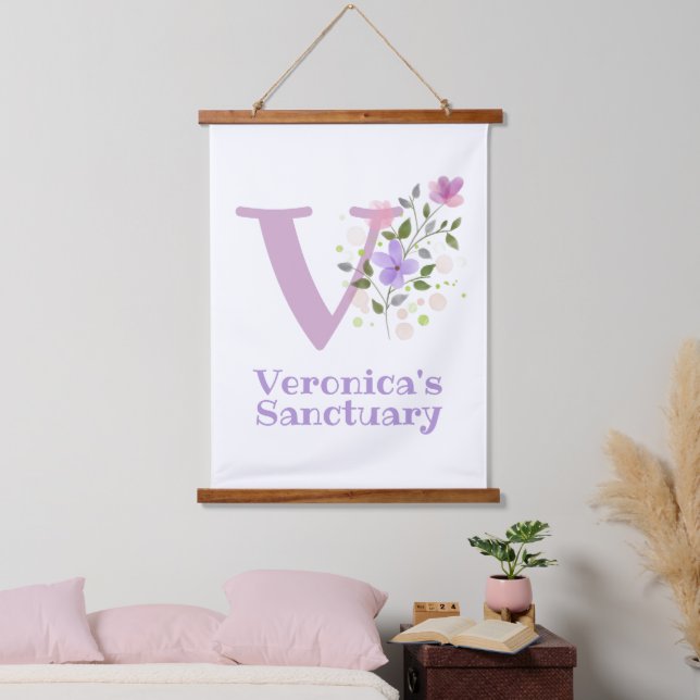 Letter V plus First Name with a Floral Design Hanging Tapestry (Bedroom)
