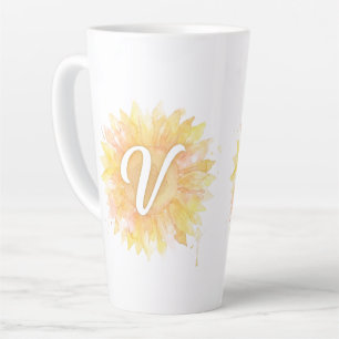 Letter V Sunflower First Name Monogram Initial  Latte Mug