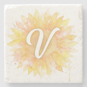 Letter V Sunflower First Name Monogram Initial Stone Coaster
