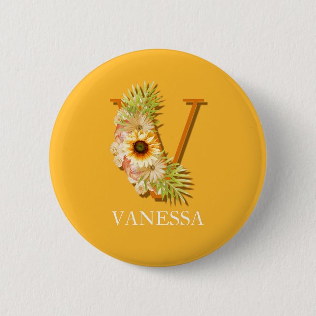 Letter V Sunflower Floral Monogram with Name 6 Cm Round Badge (Front)