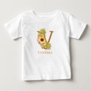 Letter V Sunflower Floral Monogram with Name Baby T-Shirt