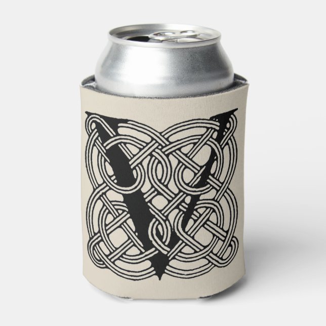 Letter V Vintage Celtic Knot Monogram Can Cooler (Can Front)