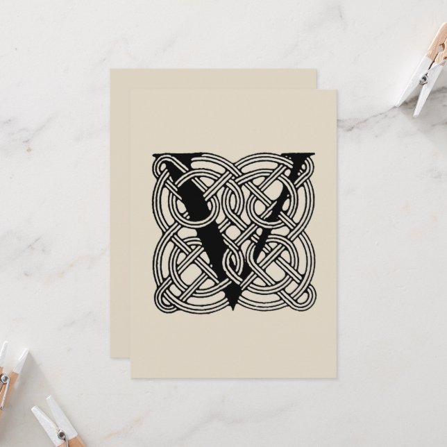 Letter V Vintage Celtic Knot Monogram Invitation (Front/Back In Situ)