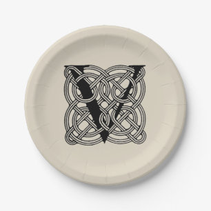 Letter V Vintage Celtic Knot Monogram Paper Plate