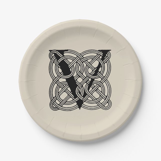 Letter V Vintage Celtic Knot Monogram Paper Plate (Front)