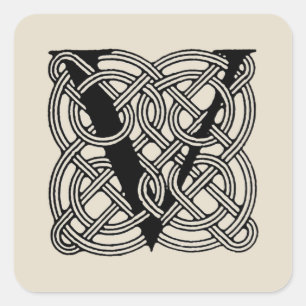 Letter V Vintage Celtic Knot Monogram Square Sticker