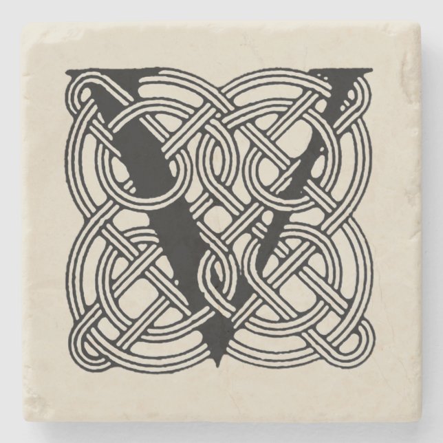Letter V Vintage Celtic Knot Monogram Stone Coaster (Front)