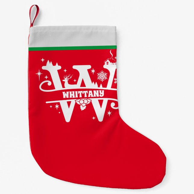 Letter W Christmas Monogram Initial Name Red White Small Christmas Stocking (Front)
