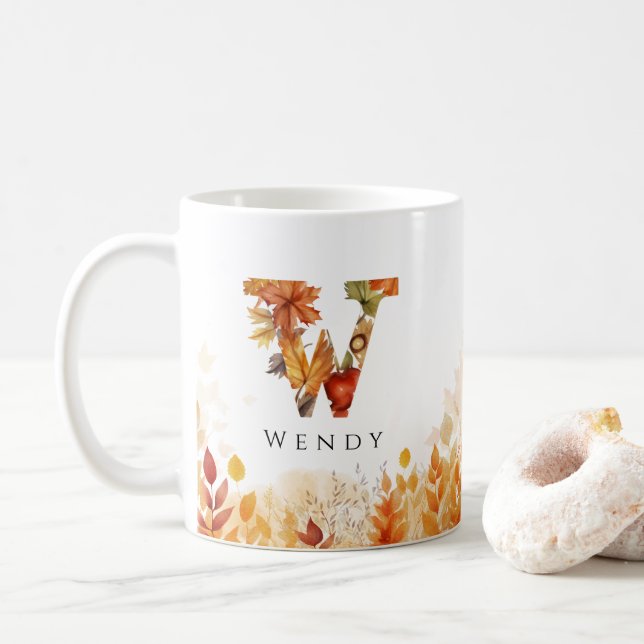 Letter W Fall Leaves Monogram Initial Coffee Mug (With Donut)