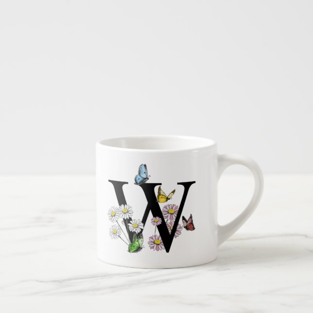Letter W Floral Butterfly Monogram Initial  Espresso Cup (Right)
