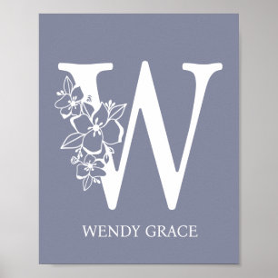 Letter W Floral Monogram Name Nursery Modern Poster