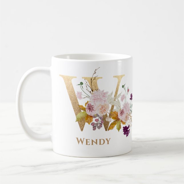Letter W - Gold Floral Name sister coworker friend Coffee Mug (Left)