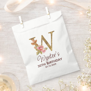 Letter W Gold Monogram Blush Pink Roses Favour Bags