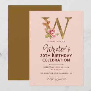 Letter W Gold Monogram Blush Pink Roses Invitation
