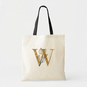 *~* Letter W Gold Monogram Initial Black Leaves Tote Bag