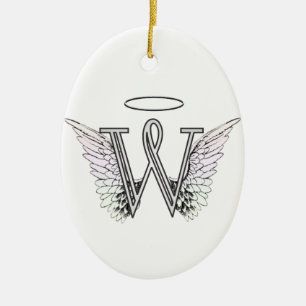 Letter W Initial Monogram with Angel Wings & Halo Ceramic Tree Decoration