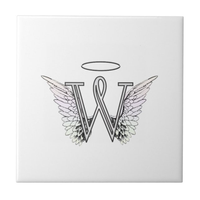 Letter W Initial Monogram with Angel Wings & Halo Tile (Front)