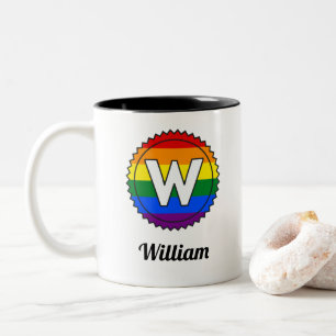 Letter W Initial & Name Gay Pride Rainbow Monogram Two-Tone Coffee Mug