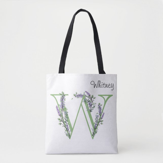Letter "W"  Lavender Eucalyptus botanical Tote Bag (Front)