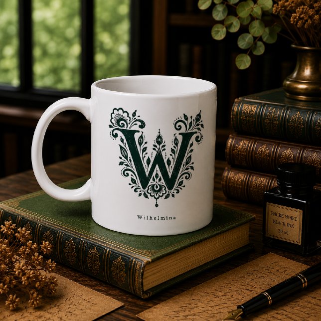 Letter W Linocut Botanical Personalised Mug (Creator Uploaded)