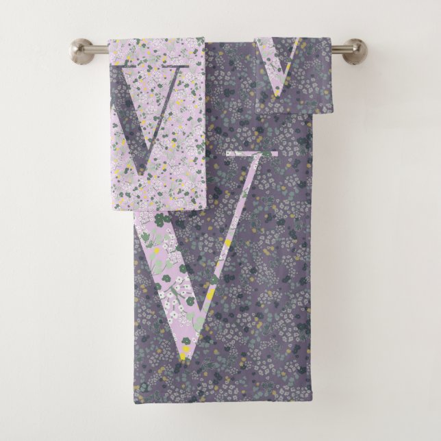 Letter W LITTLE FLOWERS purple  Bath Towel Set (Insitu)